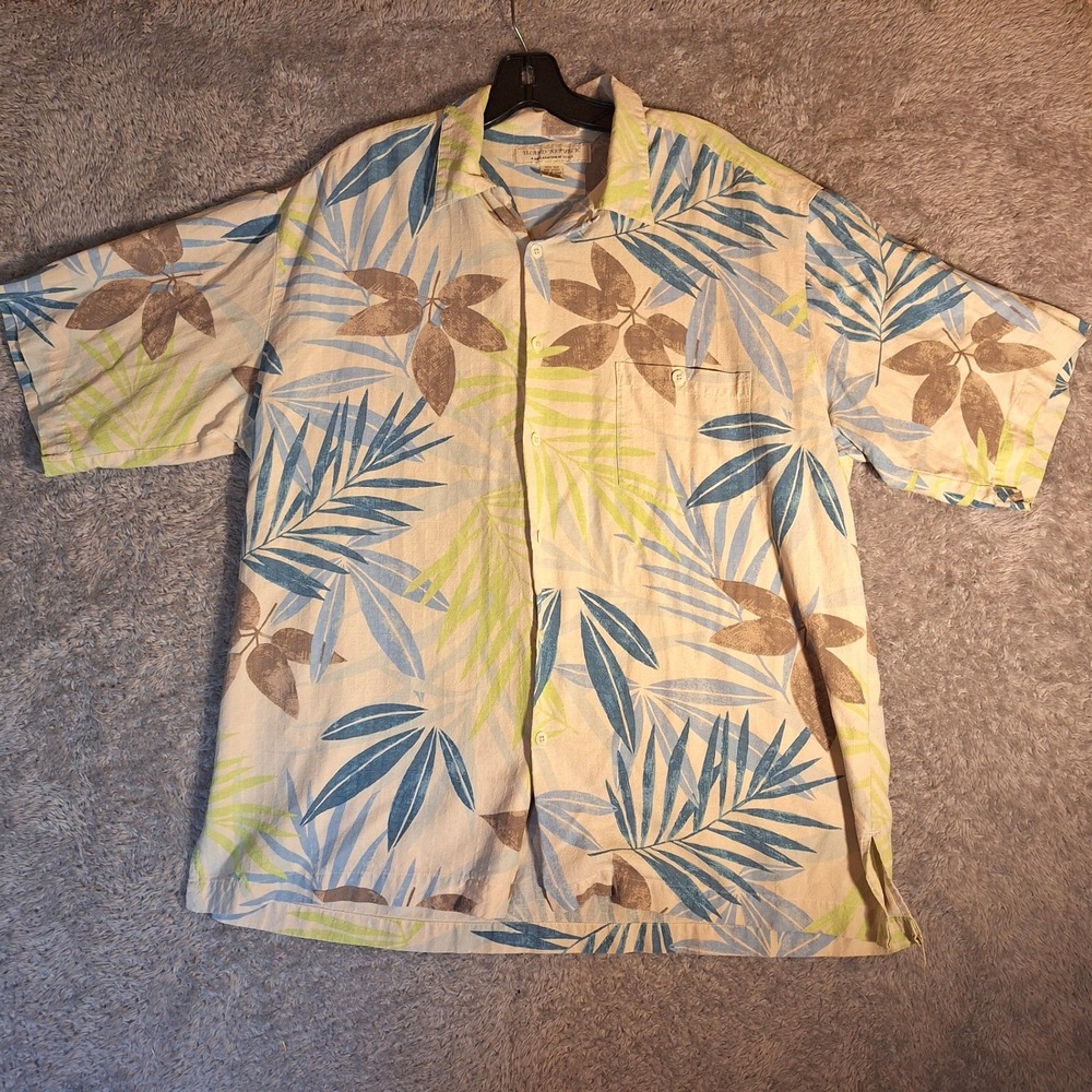 Island Republic Mens XL Silk Hawaiian Shirt Tropical Palm Leaf Dobby 0915 Cream
